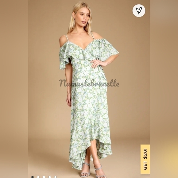 Nwt Lulu's S Green Floral Print Cold Shoulder Wrap Dress - Picture 6 of 14